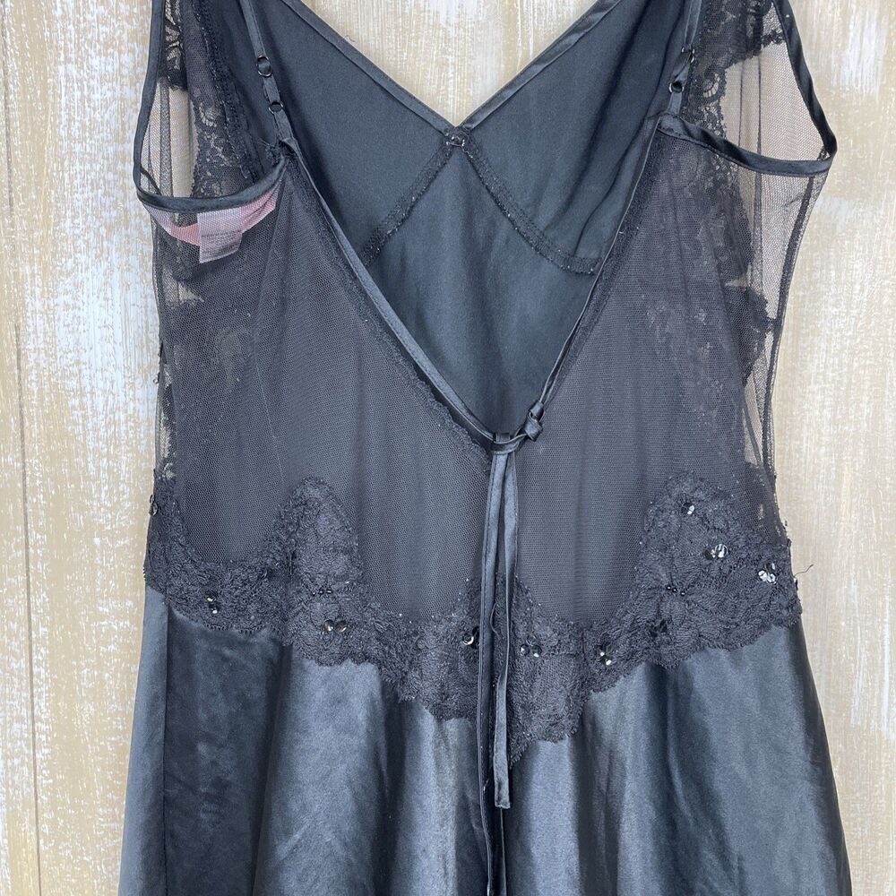 Y2K Victoria’s Secret S Long Sexy Slip Nightgown Black Satin Sequin Lace Slit - Picture 7 of 12